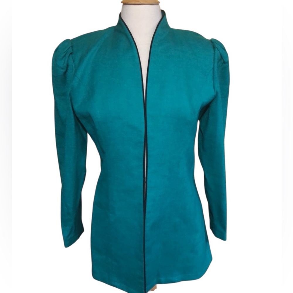 Vintage Donna Morgan Teal w/black detail high collar puff sleeves jacketSize7-8